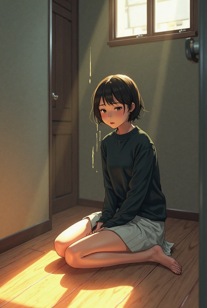 Wooden corridor of the temple,dark,smile,Sit and watch the fireworks,Place your hands behind your back,close your eyes,1. small  ,short hair,Black Hair,blush,White T-shirt,Olive green shorts,White skin,From below,Sweat,night中,night,Grin