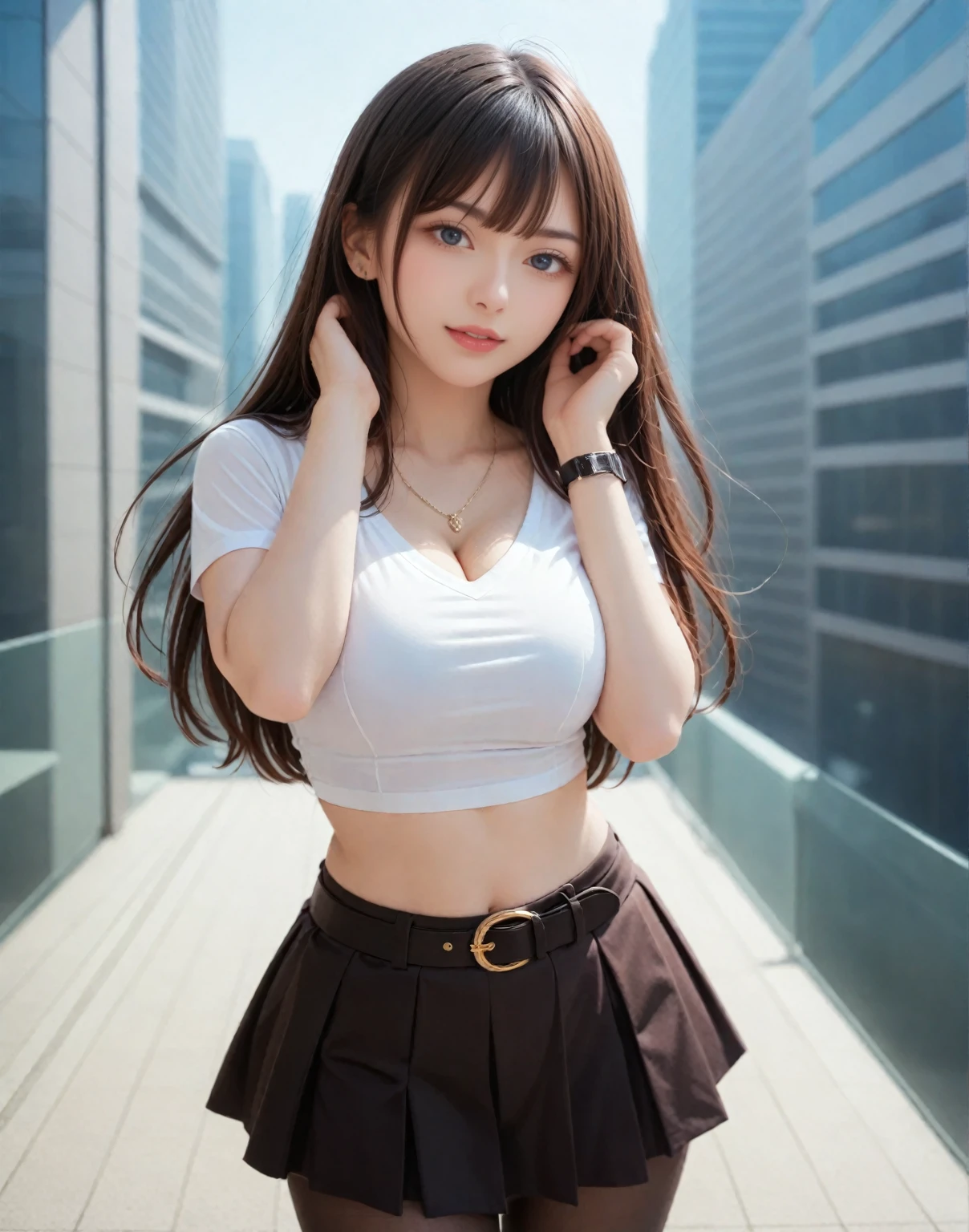girl, White skin, Dark brown short tiered hair, V cut with layers and bangs, Brown eyes, Soft atmosphere characteristics (Highest quality, Ultra-high resolution, 8K, RAW Photos, Ultra-high resolution: 1.2, masterpiece: 1.3), (Realistic, Realistic: 1.37), Very detailed, Professional Lighting, Photon Mapping, Radio City, Physically Based Rendering, One Girl, high school girl, Sharp focus:1.2、Beautiful woman:1.4,cute, Nice, Adorable, smile, Normal chest, necklace、Gothic Lolita、Emphasize the chest、ガーターbelt、belt、Selfie