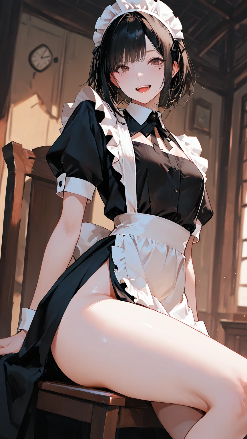 Night time,(Masterpiece), Best Quality, ultra-detailed, 1girl (eri, Slender and sexy body, huge breasts, wide hips, naked body brown hair, single hair bun, brown eyes,half-closed eyes, spectacles),evil face, smirk,parted lips, facing viewer, looking at viewer, solo, maid (black), frill, apron, ultra mini skirt, maid headdress, black lace thighhighs, in the bedroom, standing, Sexy waist teasing, come-on, lure, Full-body