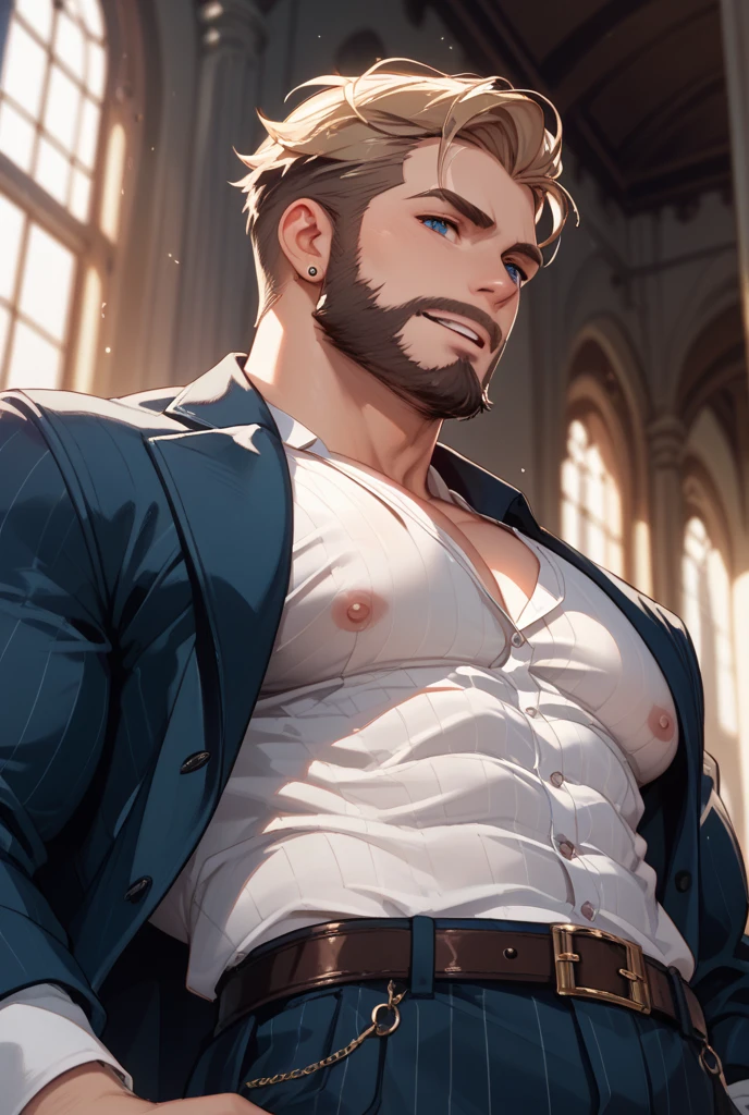 Anime characters topless,Wearing a tie,Standing in the room, Anime handsome man, Cool anime poses, Extremely detailed Artgerm, Silas, SFW version, Fluffy chest, High resolution commissions, artgerm, Male Art, V-neck dress, Tall anime man with blue eyes, (SFW) Work
