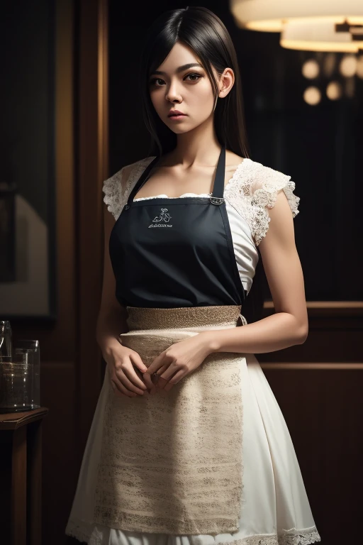 ((Highest quality)), ((8k)), ((masterpiece: 1.3)), (Perfect appearance), (Photorealism: 1.6), (JMA), (Who), (KE), (Genuine:1.4), 1 Mature Woman, Perfect Anatomy, 65 years old, ((Realistic skin texture)), (Fine lines on the skin), (Dull skin), (Facial wrinkles), (Wrinkles around the eyes), double eyelid, Tear bags under the eyelids, (corner of the eye), Thin eyebrows, Medium Long Hair, (White blouse, Apron dress), ((Standing posture: 1.3)), (Upscale Bar: 1.2),