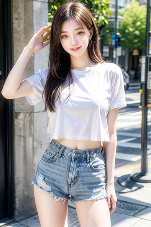 highest quality,Photo quality,Ultra-high resolution,Professional Lighting,14 years old,Beautiful face like an actress,With bangs,Sexy shorts:1.2、Amazingly cute、The white T-shirt is wet from the rain and is transparent、ブラジャーが透けて見えている、