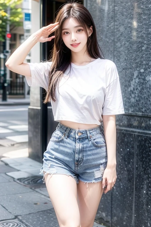 Children 13 years old、1 Beautiful girl、So cute、White shirt、denim shorts、細くて長い脚