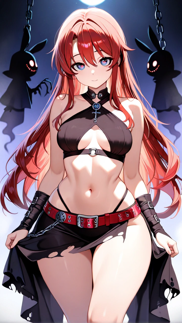 sfw, (cowboy shot), (ultra-high resolution, depth of field:1.2), 1woman, (dark skin:1.1), (light red hair), long hair, red eyes, white pupils, seductive smile, pointy ears, head wings, succubus, demon tail, choker, bare shoulders, collarbone, (medium breasts), wide hips, belt, sundress, frilled dress, gold bracelet, thigh strap, beach, nearshore sandbar, standing, cowboy shot