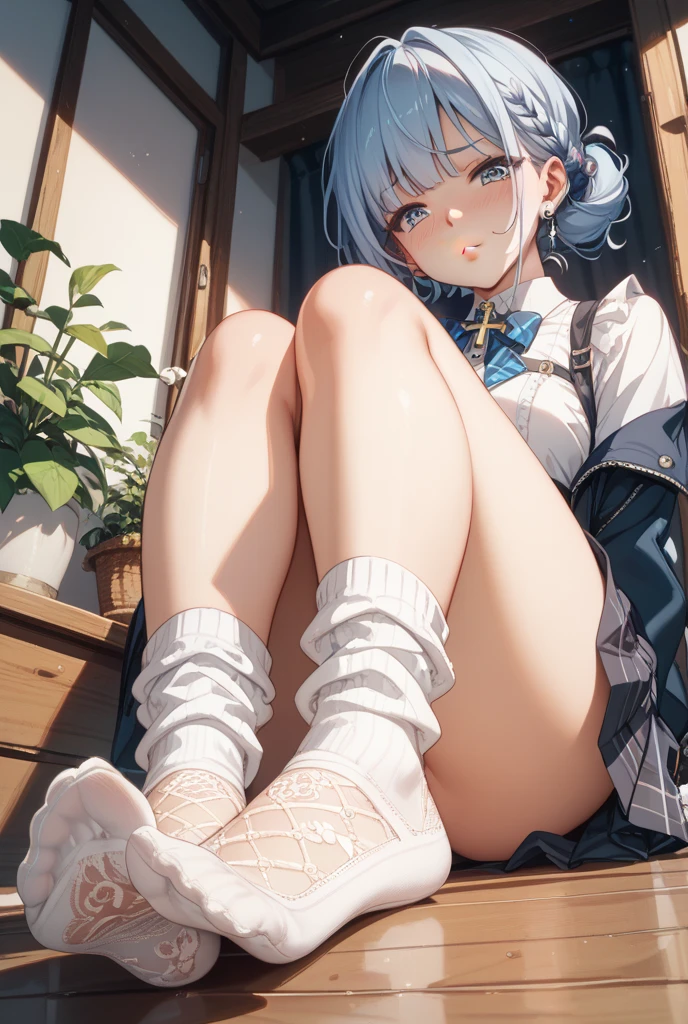 masterpiece,top-quality,Solo Girl,mature, a very cute, Larger hoodie costume,White clothes, a miniskirt,Hands on lips,Raw feet,pretty skin,Shortcut Hair,Ear hooks,blue-sky,Looking through the glass,white hair,odd eye。