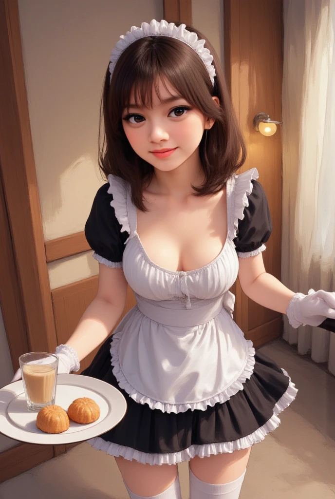 (masterpiece, best quality:1.4), (beautiful, aesthetic, perfect, delicate, intricate:1.2), (cute, adorable), (depth of field:1.2), cinematic shot, natural lighting, teasing nudity, (1girl, solo), perfect female form, (perfect face, detailed face, full lips, glossy lips, blush, eyeliner, expressive eyes), (two tone hair, multicolored hair, hair intakes), (large natural breasts, narrow waists), smile, a maid dirty with food, (pink apron, frills, no panties, naked under the apron), bangle, bracelet, breasts, collar, chocker, earrings, jewelry, nail polish, cake, pie, jelly, jello, gelatin, flan, (at kitchen), (cowboy shot),