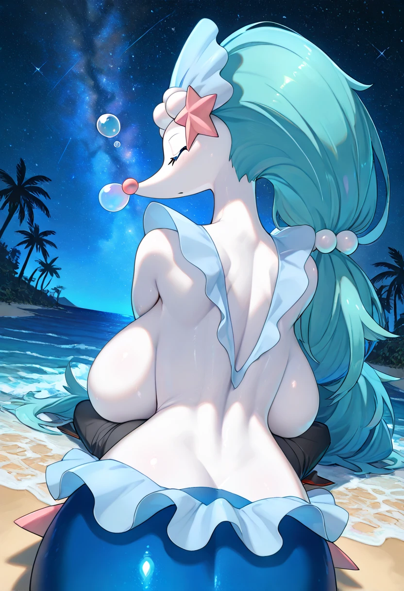 score_9,score_8_up,score_7_up, (source_furry, an Anthro furry primarina Pokemon girl, pointed snout, round pink nose, naked, pussy, breasts, blue eyes, teal hair, white skin, portrait, in shallow water, at the sea, barefoot, 5 toes, laughing, at a rocky beach,