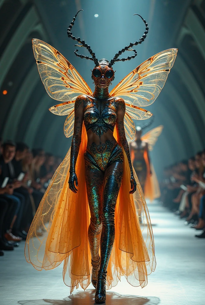 generate an image that shows the entire body of a model walking alone on a catwalk wearing a fashionable and extravagant pink bodysuit with blue details and blue butterfly wings on the back with extravagant pink details and a large body all over 