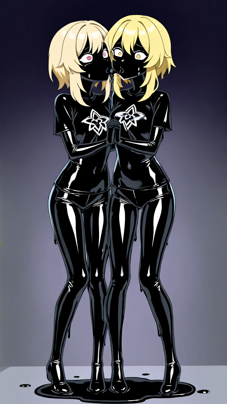 Male arab modern terrorist, terrorist, black short balaclava, black bandage, black clothes, thin waist, skinny body, femboy, light skin, makeup, black eyeliner, big eyelashes, black eyeshadow, metal choker, light skin, duo, random blond milf on her knees