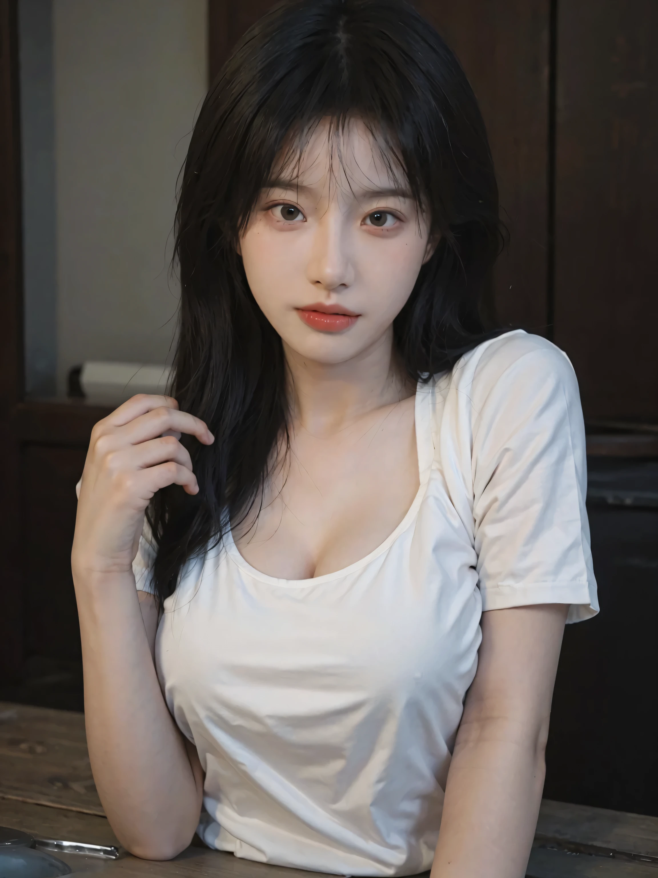 1girl, realistic, eye and face details, full lips, lipstick, (makeup), face hd,
Asian woman with black hair, coreana, asian features, young cute wan asian face, Ulzzang, asian face, a young Asian woman, white shirt, asian, AESPA,wonyoung, wonyoung IVE, kim jennie, black hair, long black hair, blurry background, hoooooyeony, HoYeon Jung, busty famele, girl with bangs, big, serious girl, Lee Su-hyun, She is at home, in her room, dark lighting, it is night, pajamas, short pajamas, fitted pajamas, short top pajamas, short pijama, big breast