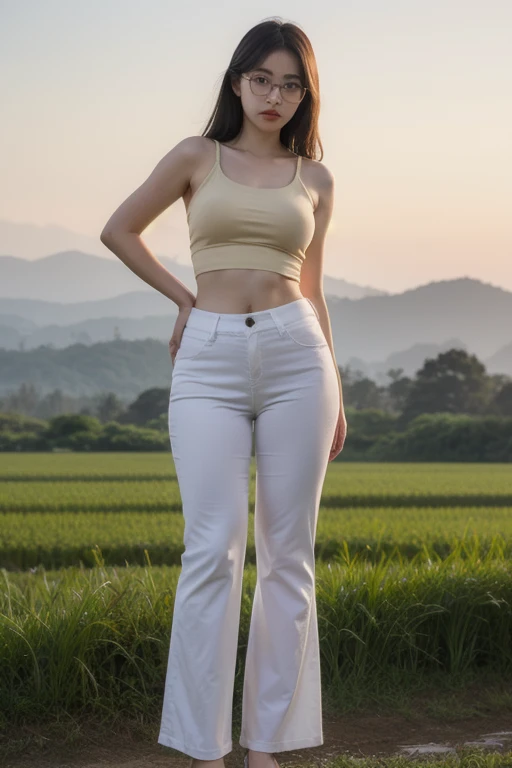 Young sweet beautiful Bogor city girl standing cheerful on wide rice field near Bogor, descent mixed from sundanese and javanese and Arabic, little breasts, straight very short thin hairs with a bangs, very very slim body, have big greek nose, tirus slim face, wide forehead, big eyes, little sexy mouth, heavy down lip, thin uper lip, charm and cute girl, her name is Dewi, very sweet and harmful smile, in the sunny fresh sunset, georgeus sweet face, slim body, 1, student of agriculture university, wearing 80's style big size white long sleeve long sweater, wearing unbuttoned pulled down not sexy white thin trousers in late 80' years era mode and style, wearing wedges shoes, very realistic, very natural, very realistic, all body from head to toes view, wind blowing so strong and blowing everything, straight bob style slim hairs with a bangs blown by the very strong wind, salak mountain as background, beautiful sunset and beautiful girl, sweet romantic moment that can't forget, wearing glasses, she is very in love to me,