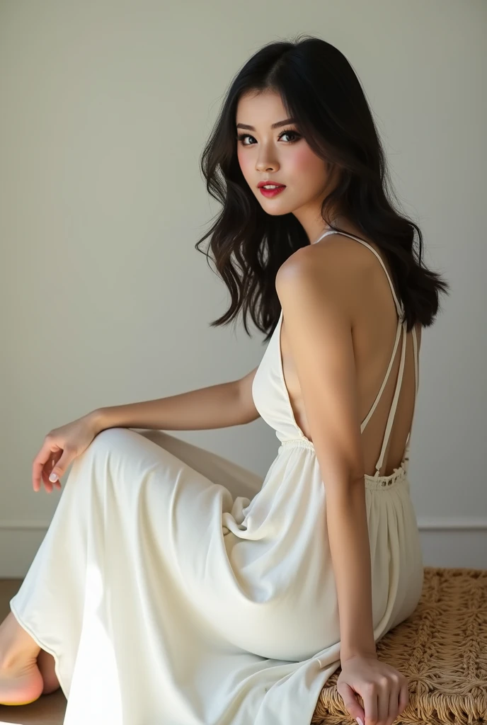 a beautiful teenage philippine model, detailed face, long hair, perfect skin, wearing an elegant silk dress, posing and smiling in a photography studio, professional studio lighting, high quality DSLR camera, dramatic lighting, soft focus, warm color tones, cinematic composition, photorealistic, extremely detailed, 8k, masterpiece