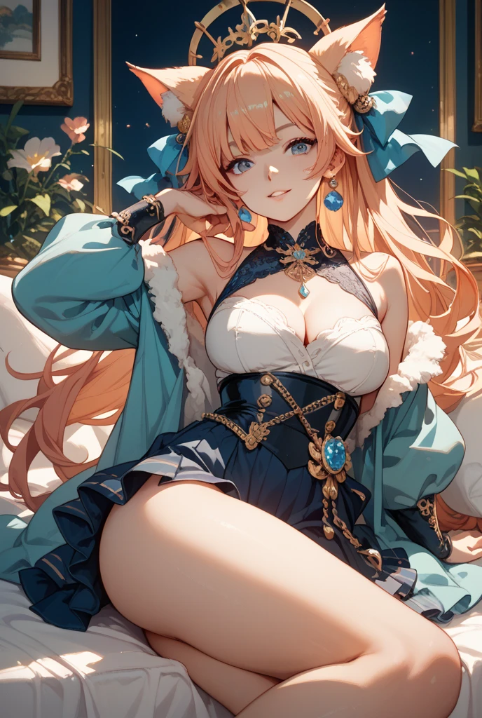 Realistic image, detailed image, coherent image. 1 beautiful elf. dressed in a transparent nightgown. She has long, curly orange hair, styled in a ponytail. Green eyes with long eyelashes. Sensual expression. She has rabbit ears and tail. She has a curvy body, medium breasts, thick thighs. She is sitting cross-legged. She is in a penthouse on a starry night. View from above. Arching her back. Soft focus, Dramatic shadows, Volumetric lighting, natural lighting. ISO:100, F1.4, --equals 2