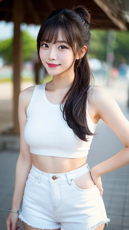 32ｋ, ​Masterpiece, Attention to detail, infinite reality, real photo, original photo, realistic atmosphere, detailed mouth, glossy lips, Fine eyebrows, Detailed description of eyes, White and tender skin, very beautiful eyes, (lifelike face:1.2), shiny beautiful lips, beautiful eyebrows, blushing, natural soft light, exposed thighs, Face focus, full body photo, a Japanese girl, Age 18 years old, smile, Small face, Natural light makeup, transparent lipstick, (Waist is very thin:1), Sunlight, sleeveless, (leather jacket:1), (double-tee top:1.1), (belly button:1.3), cute hair accessories, Messy hairstyle, exquisite woman, parted bangs, ponytail, Long curly hair, sexy, loose clothing, licking lips, parted lips, (Background::TOKYO SKYTREE) ,(outside:1.1),  (Thin glasses.:1)