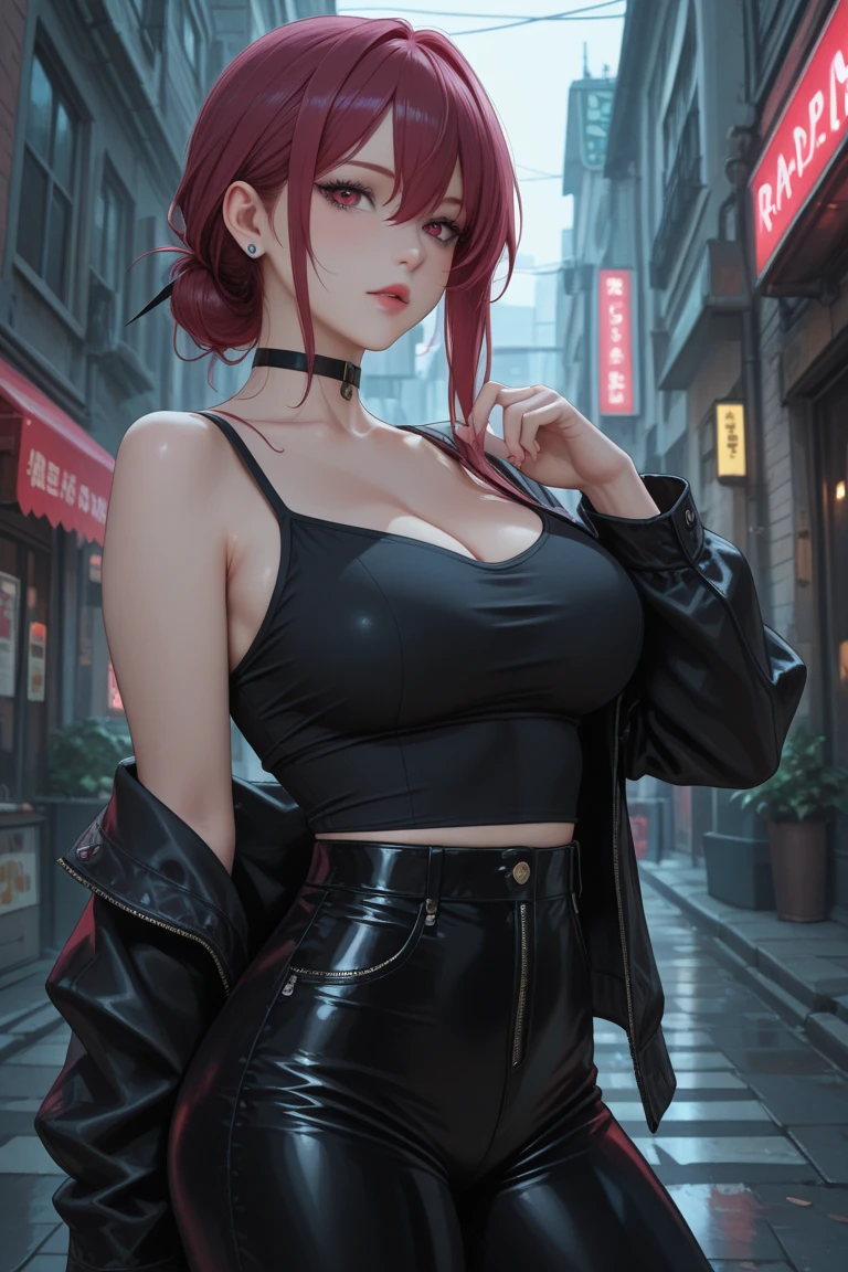 (best quality, masterpiece1.2), (detailed eye: 1.2), complex detail, depth of field, 1girl, urban environment, alley, short hair, straight chest, smooth ass, short, pink hair, red eyes, lights