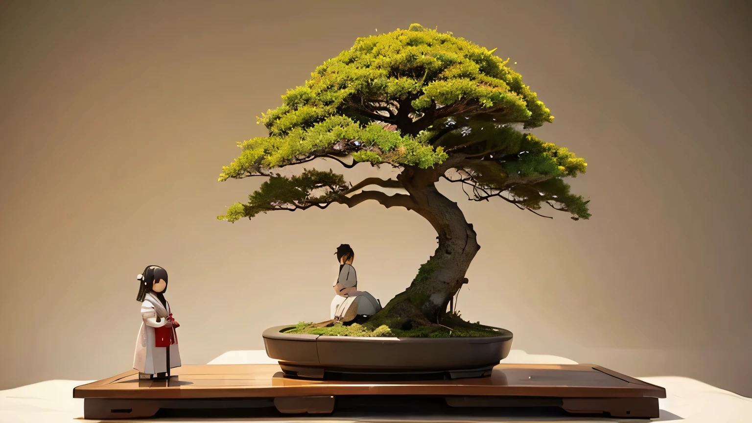 One big bonsai tree and one small bonsai are side by side Girl standing next to a small bonsai Waist-up images