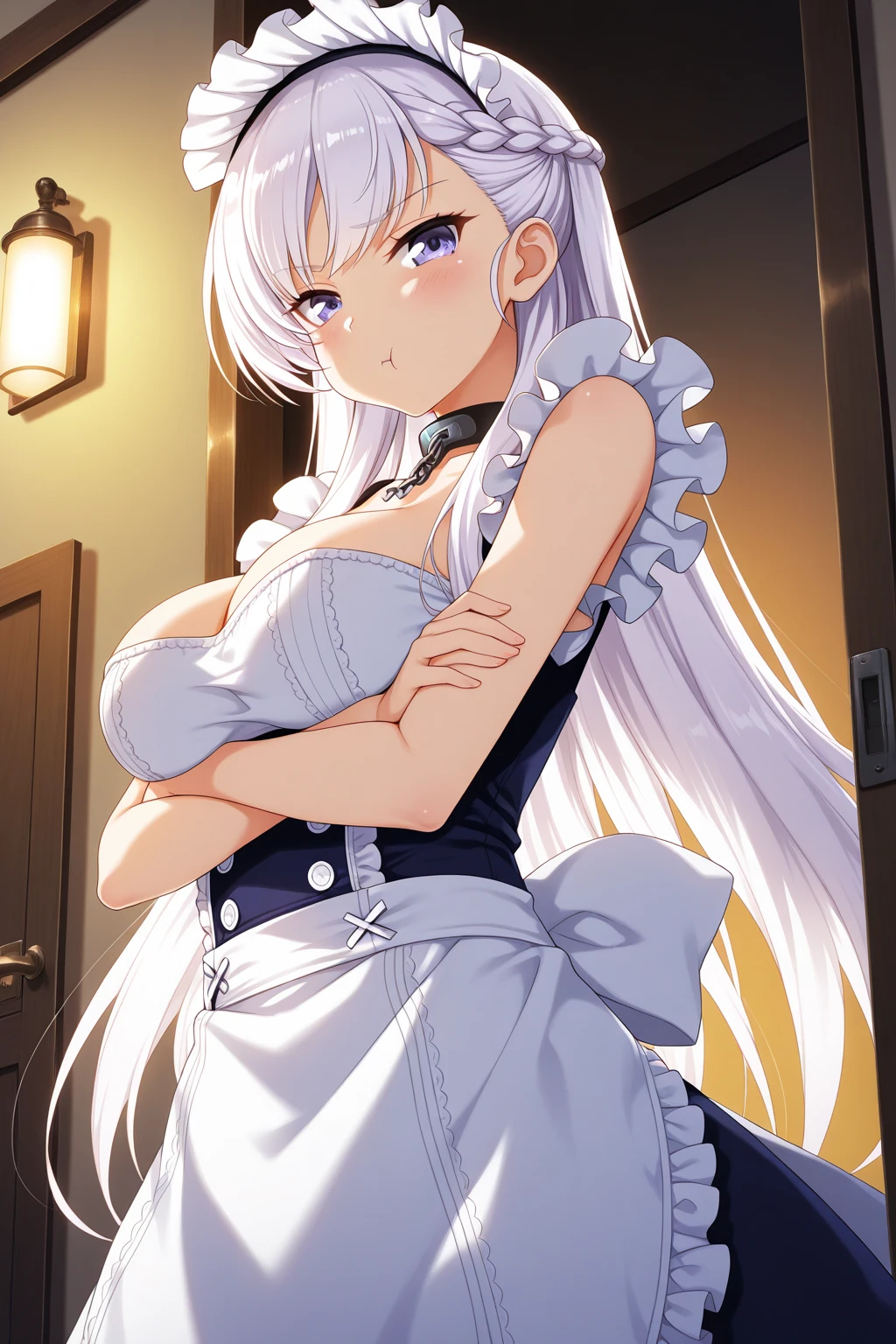 masterpiece, best quality, 1girl, looking at viewer, hair between eyes, aqua eyes, white hair, long hair, hair, cleavage, cowboy shot, solo, slingshot swimsuit, frills, large breasts, bedroom, cowboy shot, arms behind back, thigh strap, maid headdress, wrist cuffs,