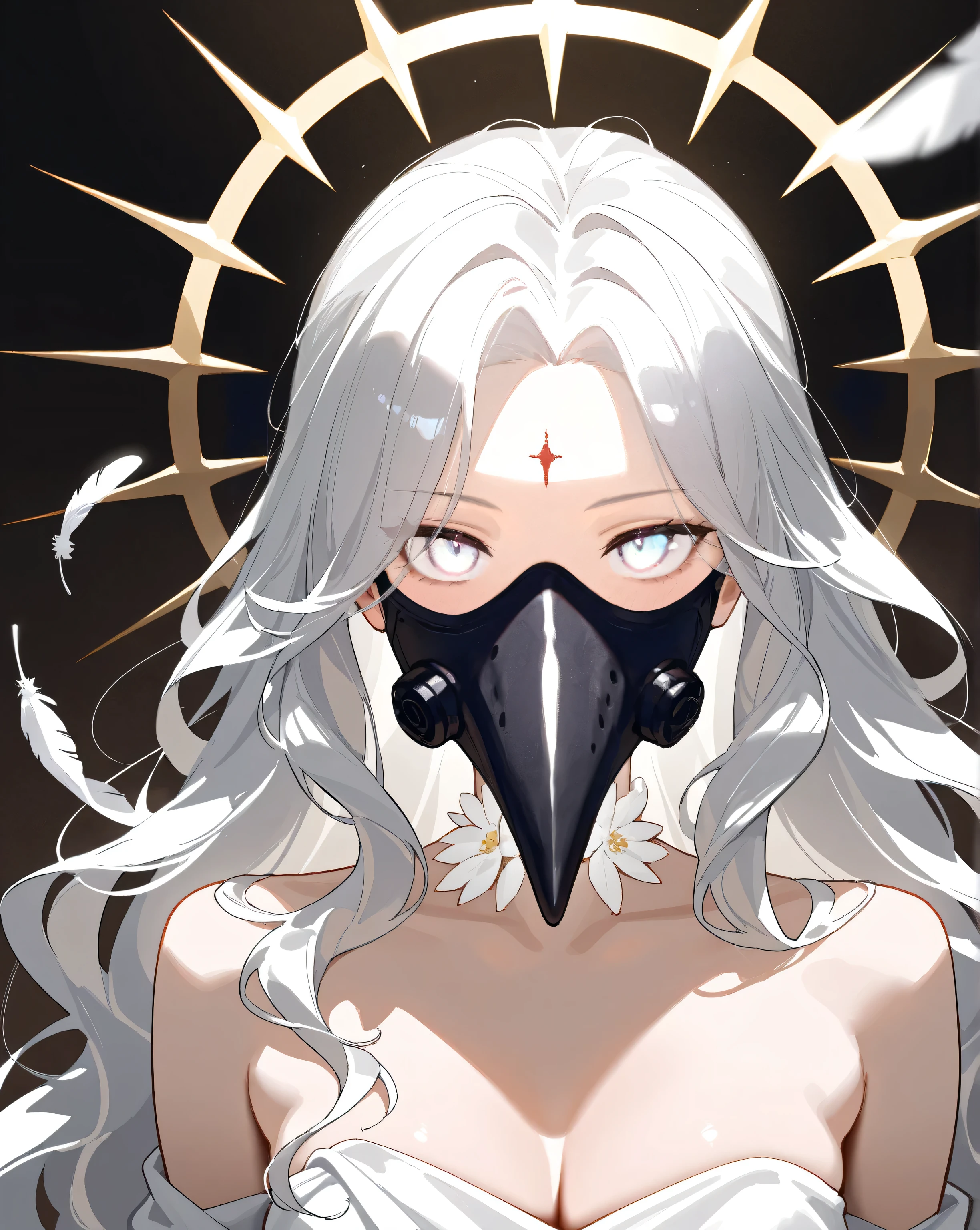 girls, (((Super Masterpiece))), (((super precise)))the girls's head rests on a thin bright hand,  long white wavy hair, feathers growing from the back of her neck、white flowers blooming on both sides. wrapped in white cloth like a Greek, , There is a black mask of the Plague Doctor on her face. The picture itself is dark. light shines in from the top right. dark background.