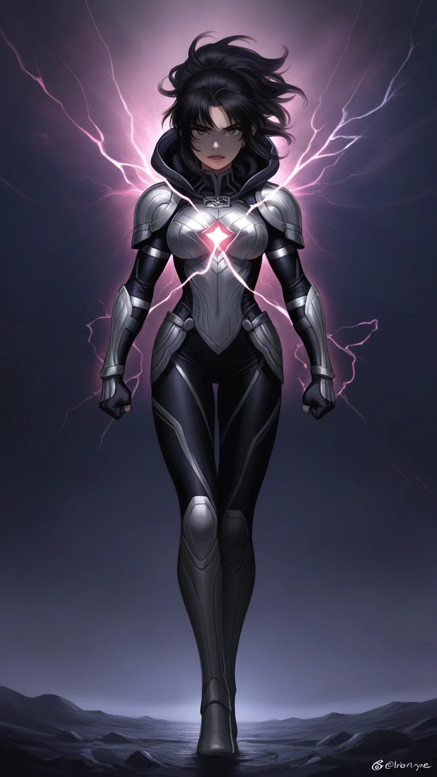 Full body, science fiction, a beautiful female elven assassin with (undercut) bun black hair, blue eyes, blood on face and full lips, looking at viewer with a serious expression, wearing black plugsuit with glowing blue trim, shadows, chiaroscuro, black background