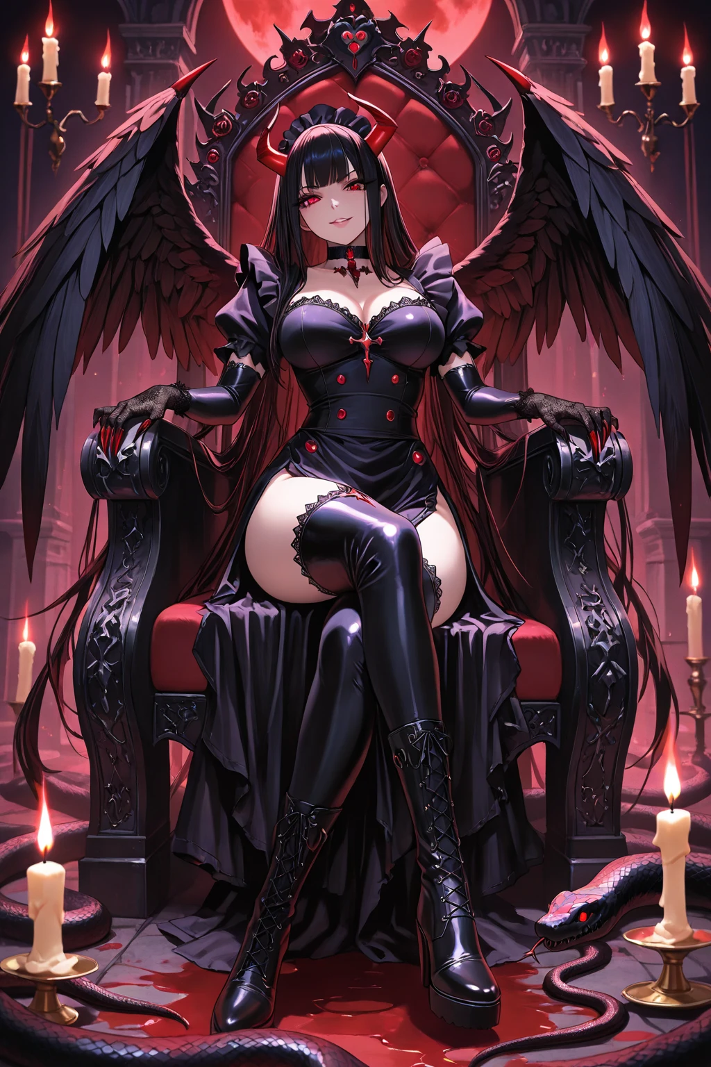 8K raw photo, Best quality, masterpiece, ultra high res,colorful,(photorealistic:1.4),raw photo, neonlight\(ttp\),1girl,solo,(perfect body shape),evil and beautiful, playful, smile, red eyes, (blood), dynamic angle, lying on throne, mystical, fanatic, intricate, surreal, delicate, wearing armored gothic dress,cinematic lighting, perfect face
