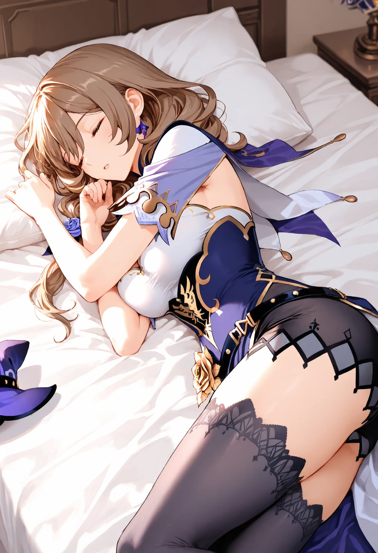 anime style. pretty girl.(( world of swords and magic)clothing). Angel. black underwear. mini skirt. knee high socks. . Lie on your back and spread your legs wide、nap、 sleep with your mouth wide open、drool a little from the mouth、