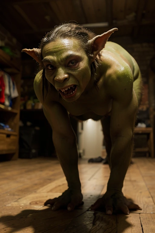 Fantasy Naked Goblin Man, bald, greenish skin, in office, natural lighting, Professional environment, Fantasy theme, Magical atmosphere, bright colours, hight resolution, Ultra-detailed, sharp-focus, Photorealistic. soft-lighting. full-length photo, including genitals.