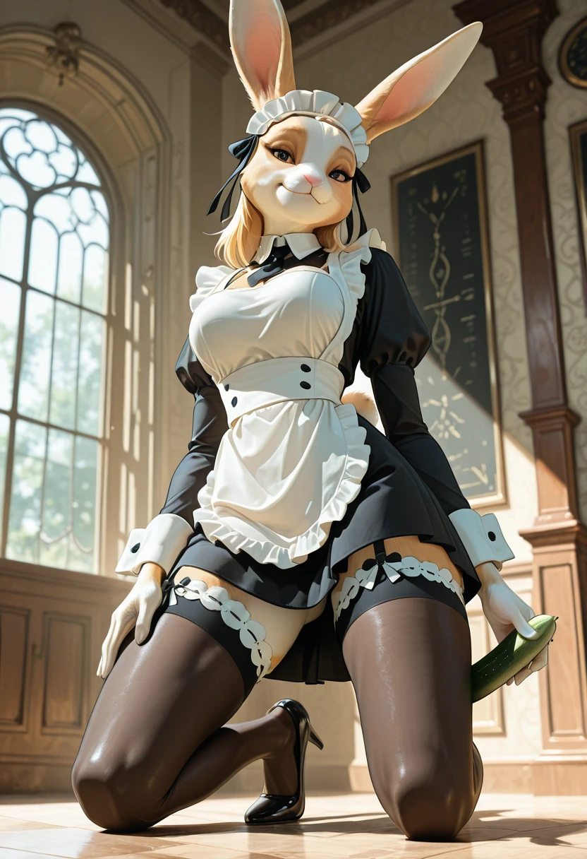 masterpiece, best quality, furry, anthro, anime, highres, perfect hands, 4k, ultra-detailed, by pakwan008 , by pixelsketcher, by jinu, vanilla the rabbit, rabbit girl, animal ears, animal nose, white muzzle, white gloves, orange hair, brown fur, maid dress, black and white outfit, white lace, tie, stockings, short sleeves, furry female, mature female, indoors, (holding hands), 1girl, 1boy, cowgirl position, sex, vaginal, girl on top, pov, naked male, pussy, penis, pussy hair, pubic hair, smirk, looking at viewer, blush, (symmetry:0.6)