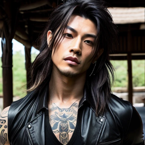 1 man, Japanese man, male, Asian eyes, muscular, broad shoulders, yakuza tattoos, hairstyle Visual Kei style, hair Visual Kei, black men's shirt and black pants, ultra detailed face, hyperrealistic, realistic representation, long hair, long hair, 30 years old, age 30 years, blonde hair