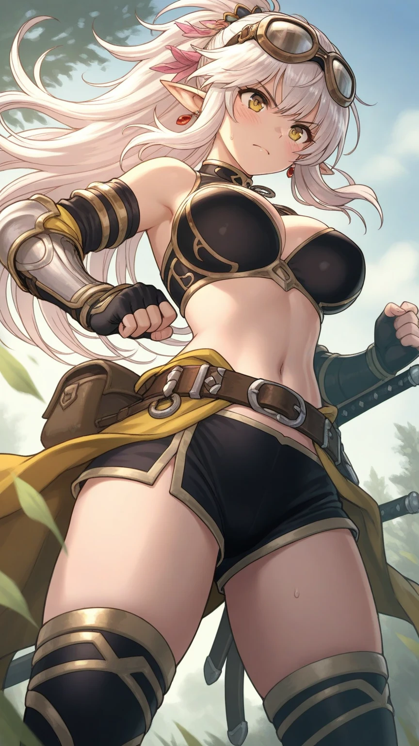 greek warriors womans in togas , only girls , forest in the background , light armor , elbow pads, knee pads, shoulder pads, black armor , sandals , sexy, exposed belly, muscular girl, defined abdomen,stomach, multiple girls, looking at viewer , long hair, bare shoulders, outdoors, sandals