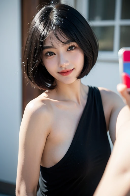Highest quality、Japanese women、The most beautiful woman in the world、sexy、Blue-black hair color、Short Hair Style、Small face、Beautiful skin、night、Large breasts、Realistic、Black Dress、Pause