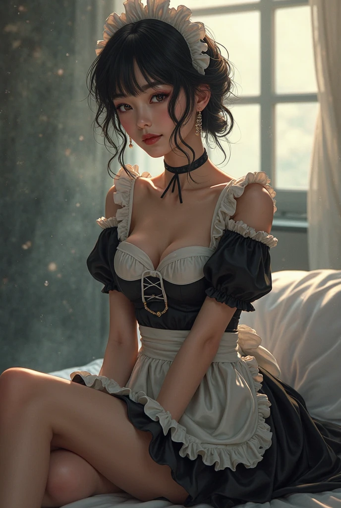 Young maid of one of the nobles、Normal breasts、sweat-wet skin、on the beds、Wide legs open、((Brothels))