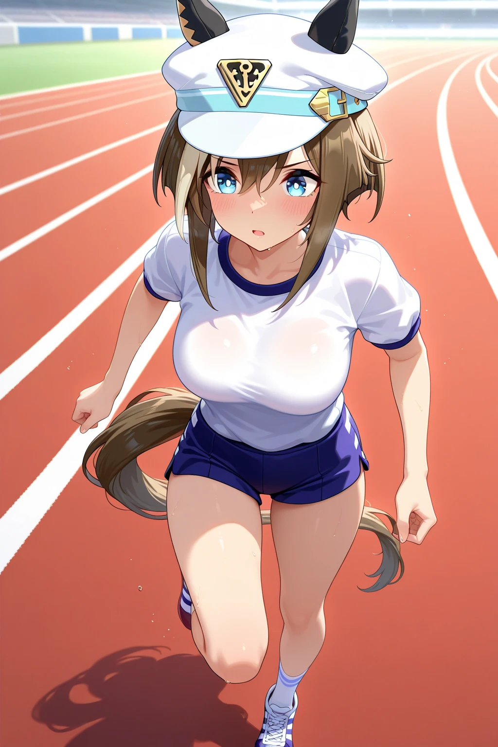 pkmnSada, tan,hair ornaments, necklace, bracelet, orange nails, outdoors, jogging, , topless, nsfw, running, flexing, sweating, sweaty, wet skin, sidewalk