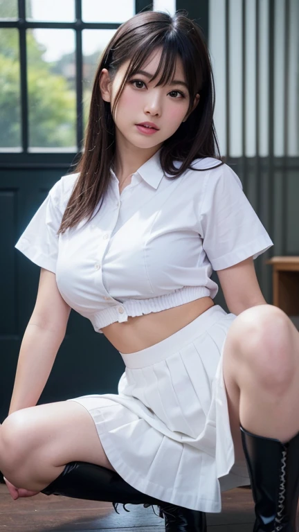 (Highest quality,8K quality,masterpiece:1.3),(Ultra-high resolution,Photorealistic:1.4,RAW Photos),(Very detailed,Caustics,Detailed Background),(Ultra-Realistic Capture,Beautiful and detailed skin,Perfect Anatomy),At dusk,Sunset sky,School building,Schoolyard,14 years old,cute,single eyelid,Black short bob,School blazer uniform,Looking at the camera,Laughter,Bust up shot,Natural soft light, shirt unbuttoned and open, nipples visible, not wearing bra, not wearing panties, lying on bed, viewer can see female genitalia and nipples, front, provocative smile on viewer's face, Full body figure, baby face, Bold Pose, Big breasts, Crotch open, Squatting cowgirl,
