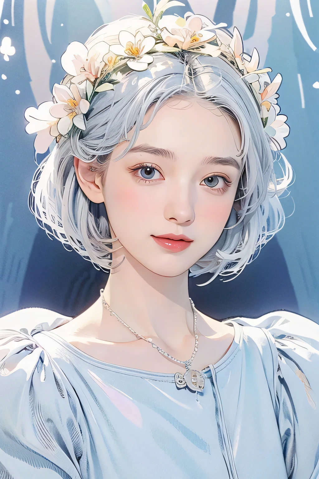 (Beautiful woman with fair skin), (A calm and gentle smile like a girl), Clear light blue eyes, (Medium-length loosely curled silvery white hair), Close-up, Portrait, (Cool-colored shirt), (Slim figure), Small ice necklace, (A cold ice world in cool colors), The entire building is made of ice, Ice room, Small transparent snow flowers, Shining snow, Large snowflakes, An all-ice world, Cool-colored lighting, Fine and precise details, Use of contour lines, Clean line drawing, (Alphonse Mucha-style composition), (Stylish ice decorative frame in Art Nouveau style), Masterpiece!, Beautiful!, Wonderful!, Perfect!