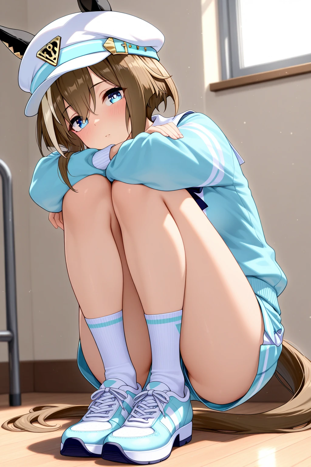 A Female mature robot loves herself. she wears nothing. Her Brown very short pigtails is tied with two big red clothespins, mature, android, blue eyes, full body, Height: 160cm, flushed cheeks, sweat bucket. full body shot, looking straight. Her smile is complete.show White pantie, Looking at the audience, 着ぐるみ