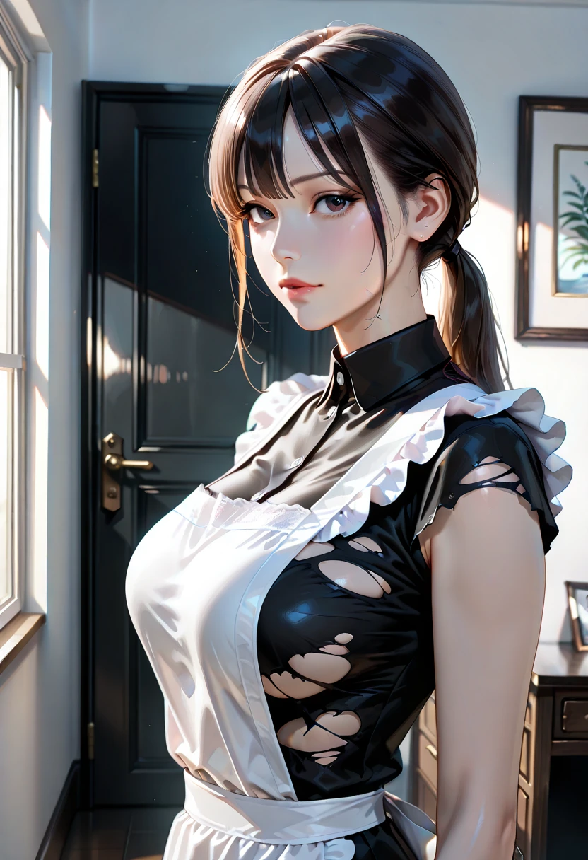 (((Perfect body,White and tender skin,(((Black strap dress, black long bow tie, white lining, black hat))),(((kobeni higashiyama, black hair, hair ornament, hairclip, ponytail, short hair, (brown eyes:1.5),))),((masterpiece)),highres,((Best quality at best)),masterpiece,quality,Best quality,((( Exquisite facial features,Looking at the audience,There is light in the eyes,(((frown,Wronged))),Scissorhands))),(((Light and shadow,Huge breasts,))),(((Looking at the camera,White background))))
