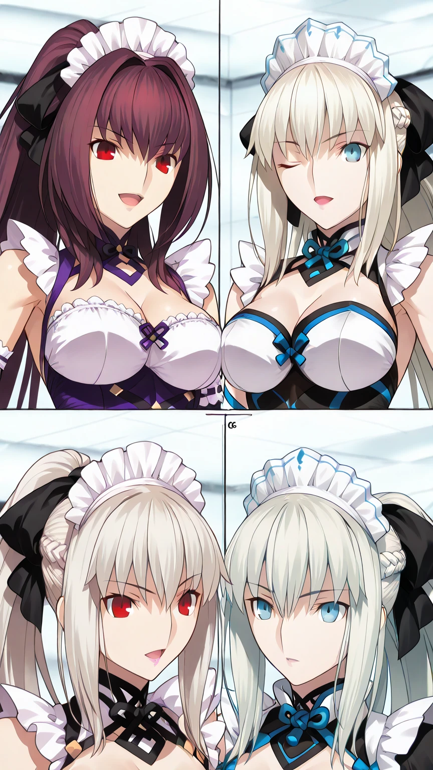 Fantasy, Two Girls, Cottage, Human, Navel, (Masterpiece, Top Quality), Side Lightning, Beautiful Detailed Eyes, Slave Chain, Slave Collar, Slave Uniform, Wide-eyed, Tongue Out, Tongue Out, Crazy, Open Mouth, Scream, Oh Face, Rough Breathing, Blush, Sweat, Slave Clothes, (Full body, drawing from head to toe)