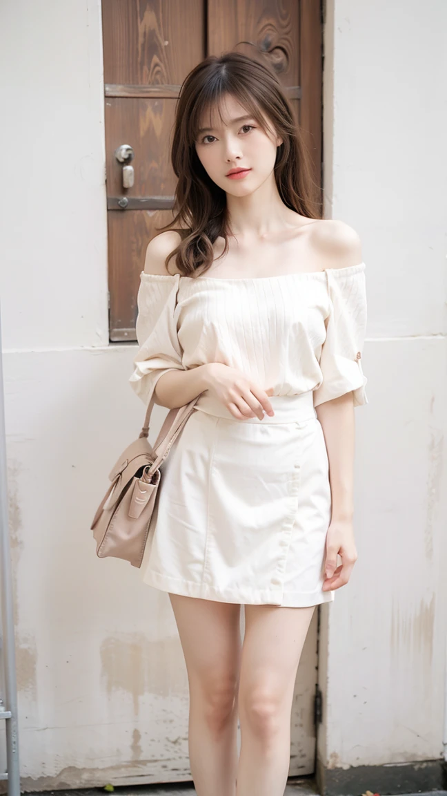 女の子1人、15 year old girl、A dark-haired(Cute Hair Styling)、garments(off shoulder t-shirt、a miniskirt)Petite, very thin and too thin、skinny legs、manicure、simple earrings、Pink lip、a picture、realisticlying、top-quality、adopt、A detailed face、细致背景、depth of fields、Full-body angle of view、Sitting on the couch、sexuell、独奏