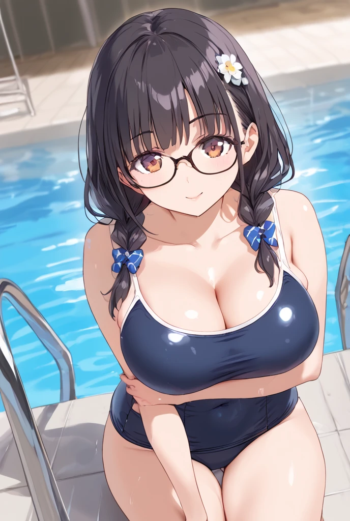 masterpiece,highest quality,wonderful,finely,High resolution,1 girl, big breasts,(side-tie bikini bottom:1.3), black hair, glasses, green eyes,twin tails,full body