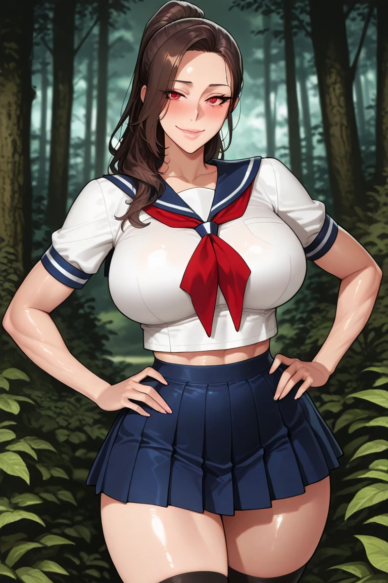masterpiece, best quality, ultra detailed, art station, 1girl, romanticism, solo, (detailed face), cute face, blush:1.2, (heart shaped pupil:1.4), seductive smile, gasp, steam, (big eyes), panic, flustered, wind swept hair, cute choker, black choker, bowtie, tight school uniform, mini school uniform, (cropped school unform), (bikini:1.6), medium large boobs, perky boobs, puffy , perky , cleavage visible, showing off cleavage, showing off midriff, (showing off belly), Bloated abs, Chubby abs, Inflated belly, ballooned belly, Curvy abs, Bulgy abs, abs, slightly muscular abs, accurate belly button, accurate lower belly, (slim waist), (wide hips), (panty strings), (thong strings), mini skirt, thick thighs, muscular thighs, thigh highs, looking at viewer, (dutch angle:1.2),facing the viewer, (background in a garden:1.4), (dappling sunlight:1.2), (vibrant colours:1.2), bright colours, (((nsfw)))