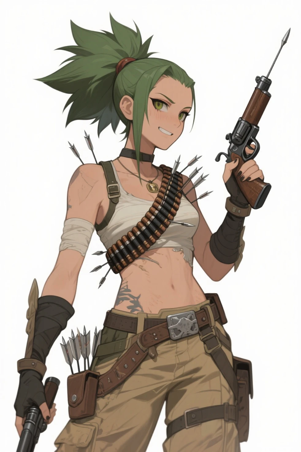 concept art, white background, anime girl, full body, orange red hair, wearing a fighting stick, dirty, survivor, with leather gloves, appropriate clothing for fighting martial arts, olive green clothing, wearing bandana on head, tiger tooth necklace