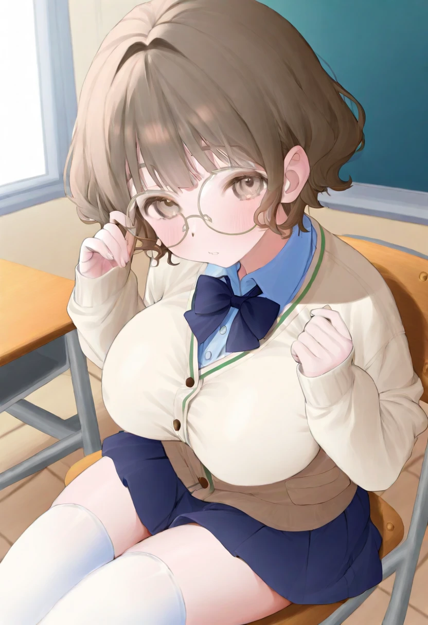 Highest quality、High resolution、Detailed Background、(Beautiful face in every detail:1.4)、Anatomically correct、(Normal number of fingers:1.2)、Highly detailed face、(Detailed eyes:1.2)、Teenage beauty、(Huge breasts:1.2)、Perfect body line、Light color hair、Braided bob cut、ponytail、Wavy Hairstyle、well-groomed eyebrows、Glasses、Sailor suit、JK Uniform、Pleated skirt、White Stockings、A big smile、blush、Accentuate your cleavage、Accentuate your breasts、
(The button on her uniform is broken and her breasts are spilling out:1.5)、(View from below of a girl sitting at a desk:1.5)、(Underboob:1.3)、Panty shot、cute
