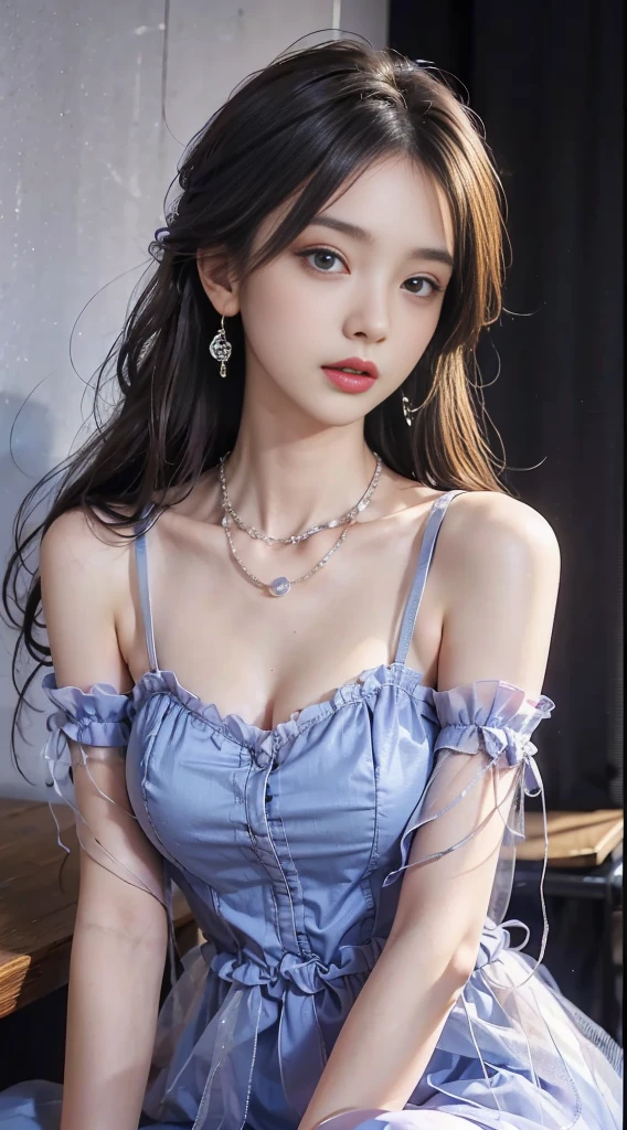 bjyx (manaka him),blue dress, masterpiece, Best quality, Ultra-high resolution, High detail photos, Unity 8k wallpaper, Extremely detailed CG:1.2), Depth of Field, Bokeh, (original photo:1.Realistic photography:1.4), (1 Girl:1.5), Sitting, ((full body)), ((I-type Valley)), ((Visible cleavage)), ((whole body照)), young, Physically based representation, beautiful, (Exquisite facial details:1.4, Detailed clothing), (detailed:1.4) christen (Hidemi Fukada:1.1) Depth of Field, Add layers, Surreal, Perfect body model, Perfect breasts, Height 175 cm, Strike sexy poses, whole body, whole body, Sexy long legs, Model body type, (Alice Gainsborough, (Long hair:1.2)