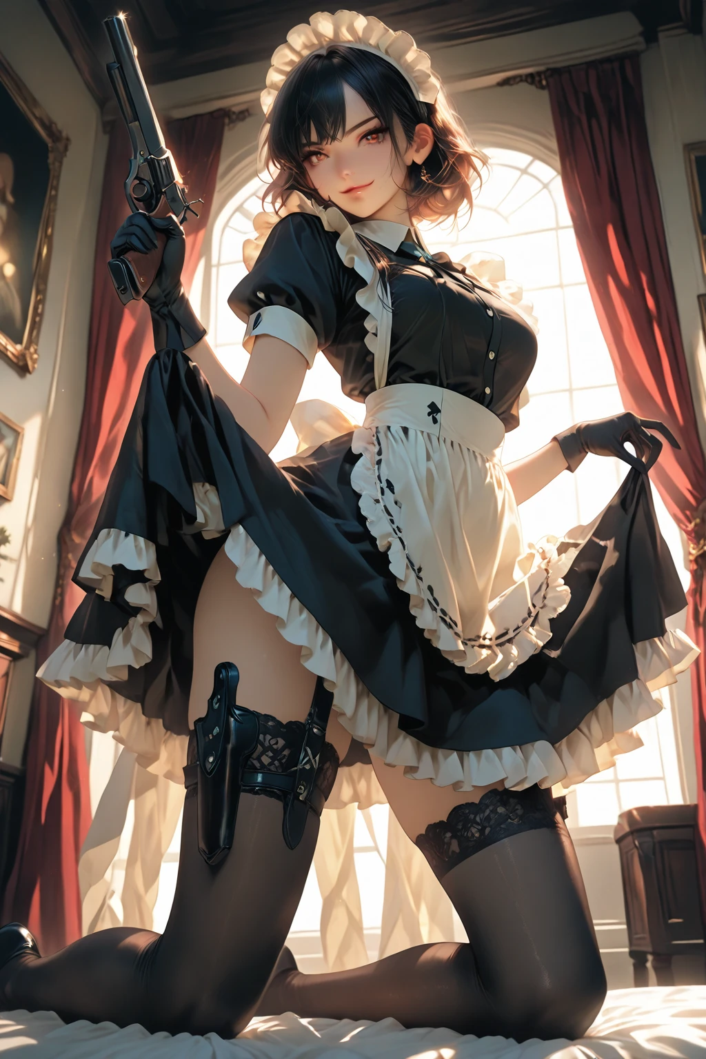 nsfw, hyper photo realistic, full body, slim hottie lewd girl in a lacy mini-skirted gorgeous maid outfit in chocolate mint colors costume, standing, lift up skirt, Panty with lace that can be glimpsed, in the style of 2d game art, blink-and-you-miss-it detail, detailed costumes, heavy shading