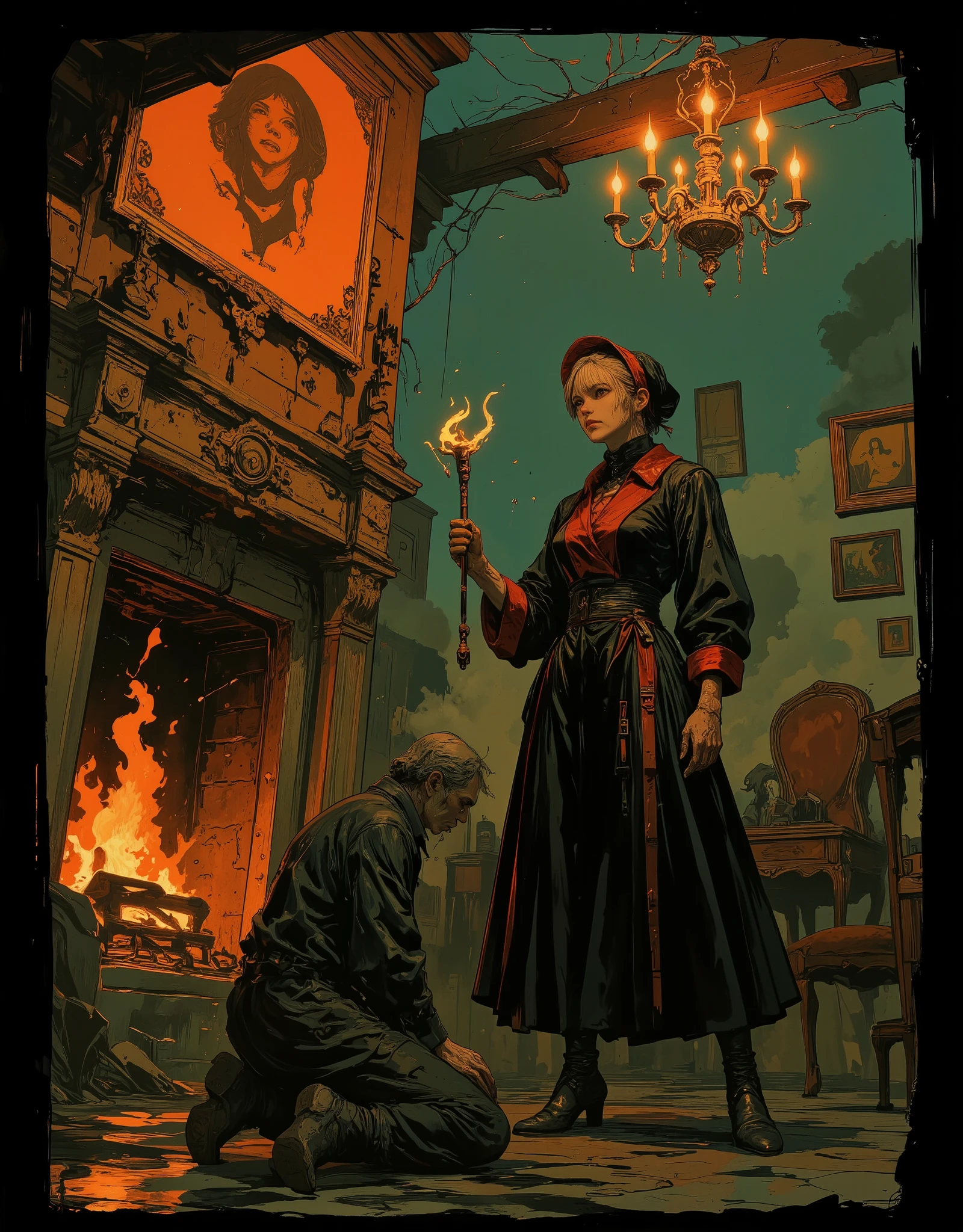 A tall maid in black and crimson velvet stands arrogantly beside the fireplace, a glowing poker in hand. her foot places on a foor rest, Her hair is wrapped in a silk bonnet, her boots polished like mirrors. A heartbroken man kneels before her, begging for another chance. The chandelier above flickers with static as her eyes flash cold blue. Strong lighting contrasts, , stylized like a graphic novel cover. she is dressed in black velvet, tight-fitting and even sinister in appearance, her demeanor hinting at an ongoing doomed love affair. an ominous mood, chilling atmosphere, smoky ambiance, cinematic composition, detailed, intricate, medium contrast, murky blue and green back lighting, volumetric lighting, Frazetta, Steranko, James Bama, classic fantasy art, lurid and vivid colors, perfect anatomy, masterpiece, HD, 8x, "anatomically correct human" "realistic proportions" "natural human pose" "full figure, accurate anatomy" "correct fingers and joints" 1950s cinema, moody lighting, chiaroscuro, Italian pulp comic color palette, saturated dark orange tones and dark muddy greens, sparse red tinges on the edges of objects, film grain, foggy lens, dramatic shadows, unnatural angles, the edges of image are slightly worn and dark, Suspended reality and dreamlike quality, Symbolic and grotesque imagery, Intricate lighting and shadow play, Stylized color palettes, Dynamic framing and composition