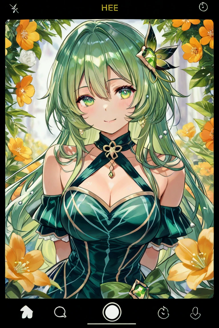 (absurdres, highres, ultra detailed, HDR) master piece, best quality, perfect face, Tiki, light-green hair, expressive green eyes, Fire Emblem Awakening, solo, girl, extremely beautiful, pretty, glass pink flowers, glass pink petals, glass pink butterflies, glass garden, glass blossoms, everything made with glass