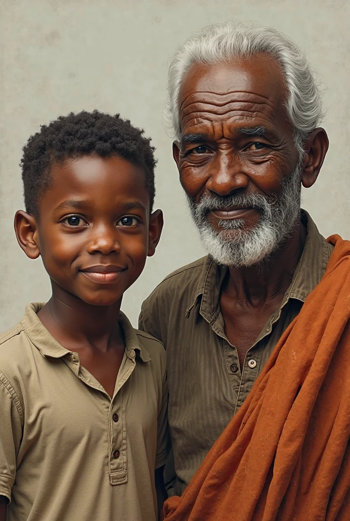 A young African boy hugging his grandfather