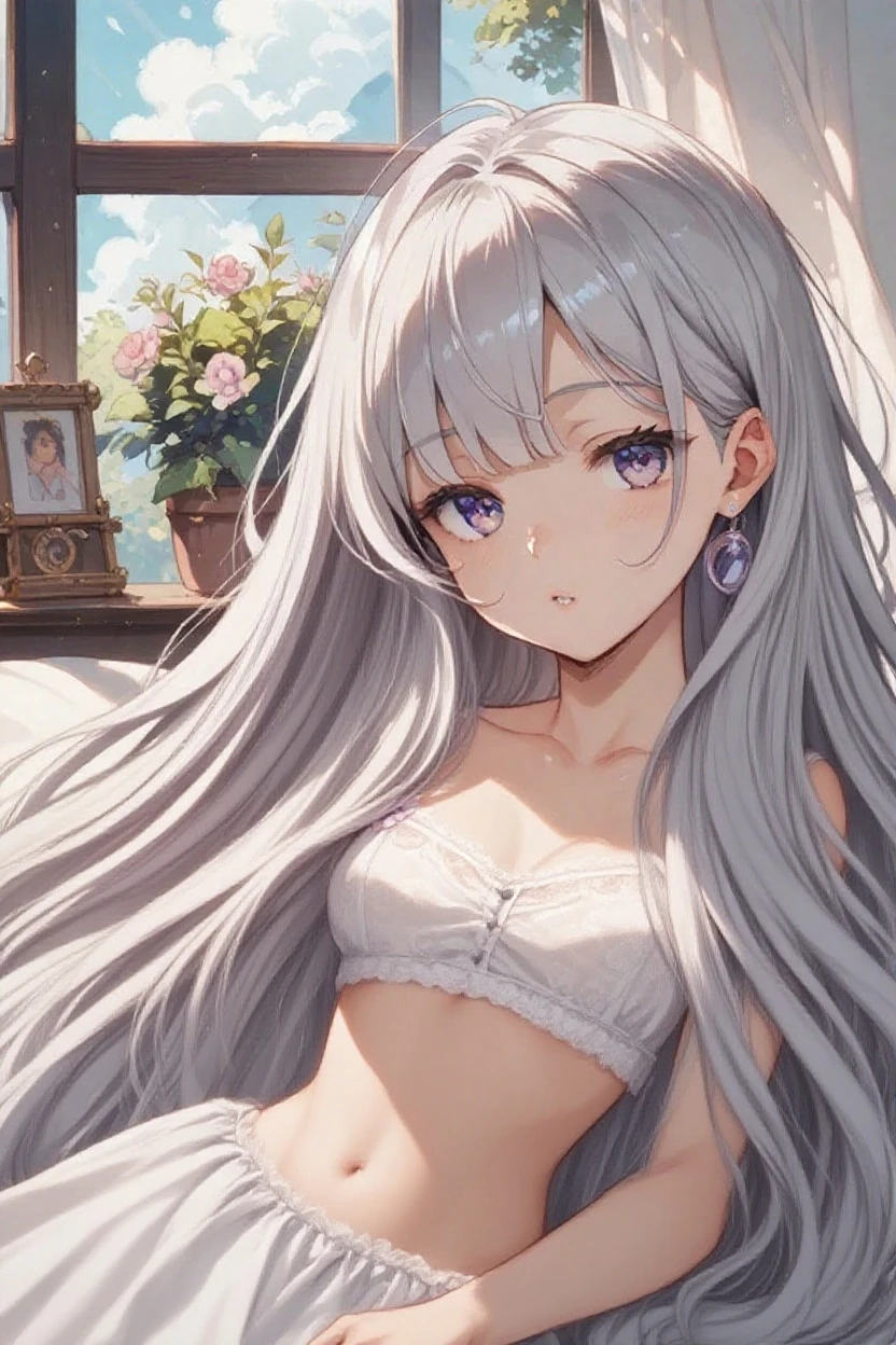 Long-haired woman sitting on the floor