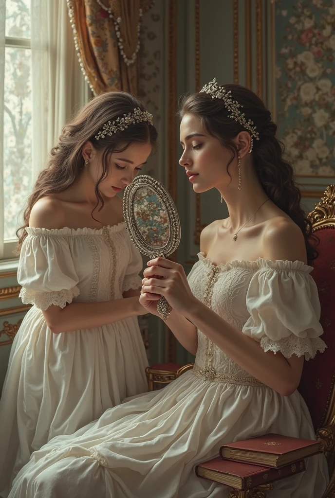 (best quality,4k,8k,highres,masterpiece:1.2),ultra-detailed,(realistic,photorealistic,photo-realistic:1.37),drawing art,sketching,illustrations,hand-drawn,charming costumes,beautifully detailed,Lolita style,fancy dress,Lolita design,elegant,ornate,frilly dresses,delicate lace,floral patterns,vibrant colors,exquisite designs,meticulous attention to detail,elaborate bows and ribbons,nostalgic,pose for photographs,feminine charm,flowing skirts,graceful movements,dreamy atmosphere,vintage-inspired,retro feel,intricate beadwork and embroidery,attention-grabbing headpieces,soft lighting,romantic ambiance,subtle shadows,dream-like quality,enchanted garden background,serene and peaceful setting,2 girls wearing different Lolita dresses,imagine themselves in a magical world.