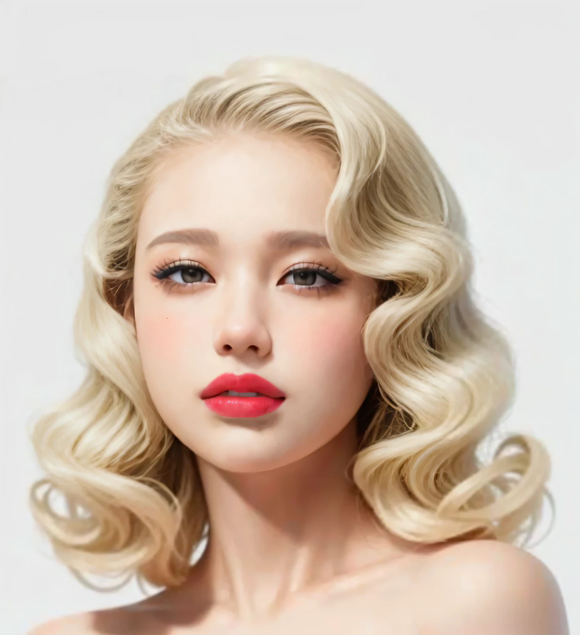 almond eyes, siren eyes, full lips, large and voluptuous breasts, flirtatious look